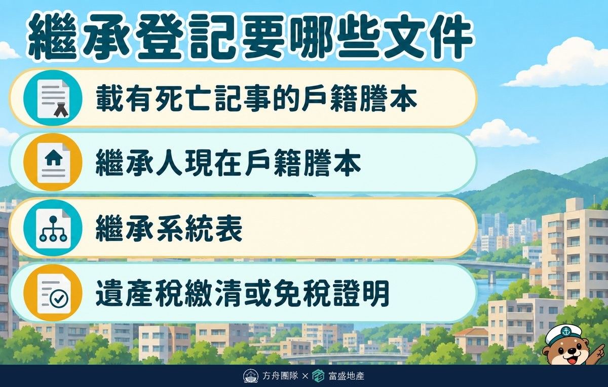 繼承登記應備文件圖：載有死亡記事的戶籍謄本、繼承人現在戶籍謄本、繼承系統表、遺產稅繳清或免稅證明