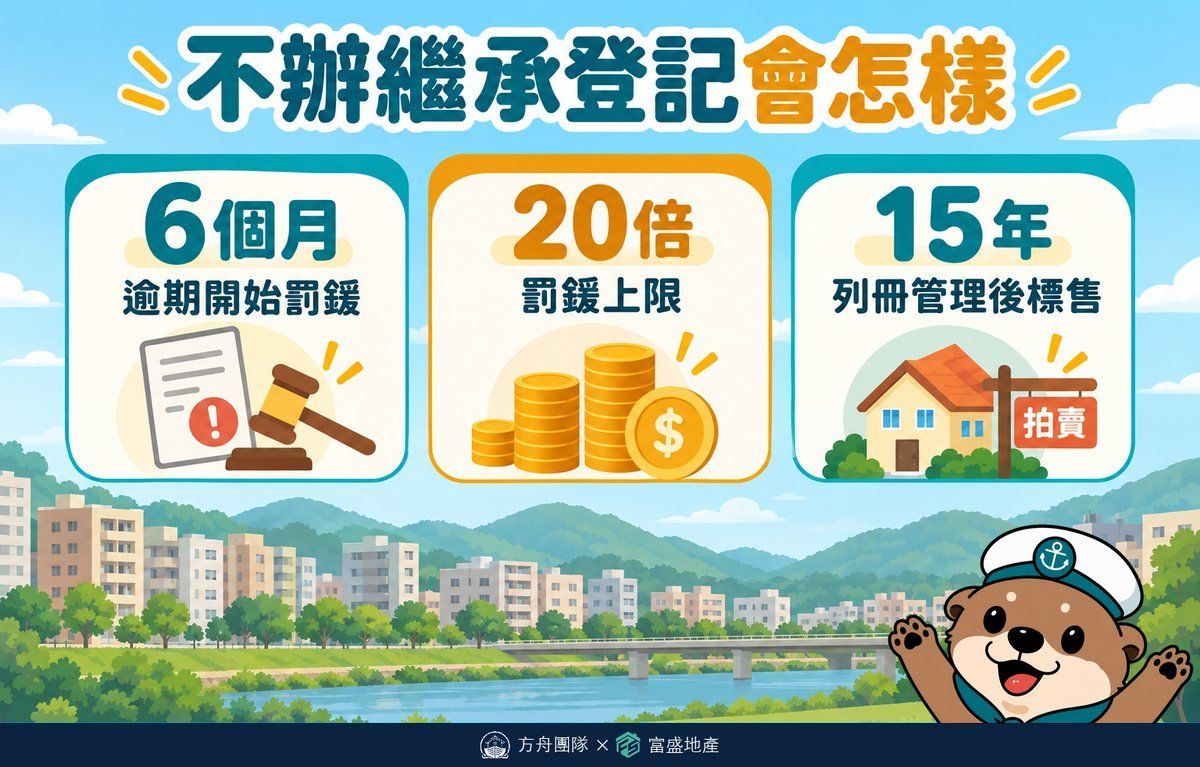 不辦繼承登記的後果圖：逾六個月開始罰鍰、罰鍰上限二十倍、列冊管理十五年後移請國有財產署公開標售