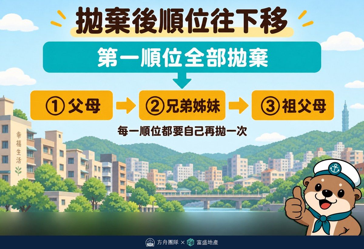 拋棄後順位往下移示意圖:第一順位全部拋棄後,繼承權依序移到父母、兄弟姊妹、祖父母,每一順位都要自己再拋一次