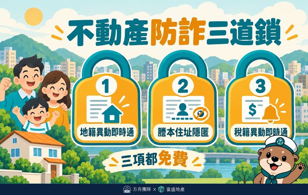 不動產防詐三道鎖示意圖：地籍異動即時通、第二類謄本住址隱匿、稅籍異動即時通，三項都免費