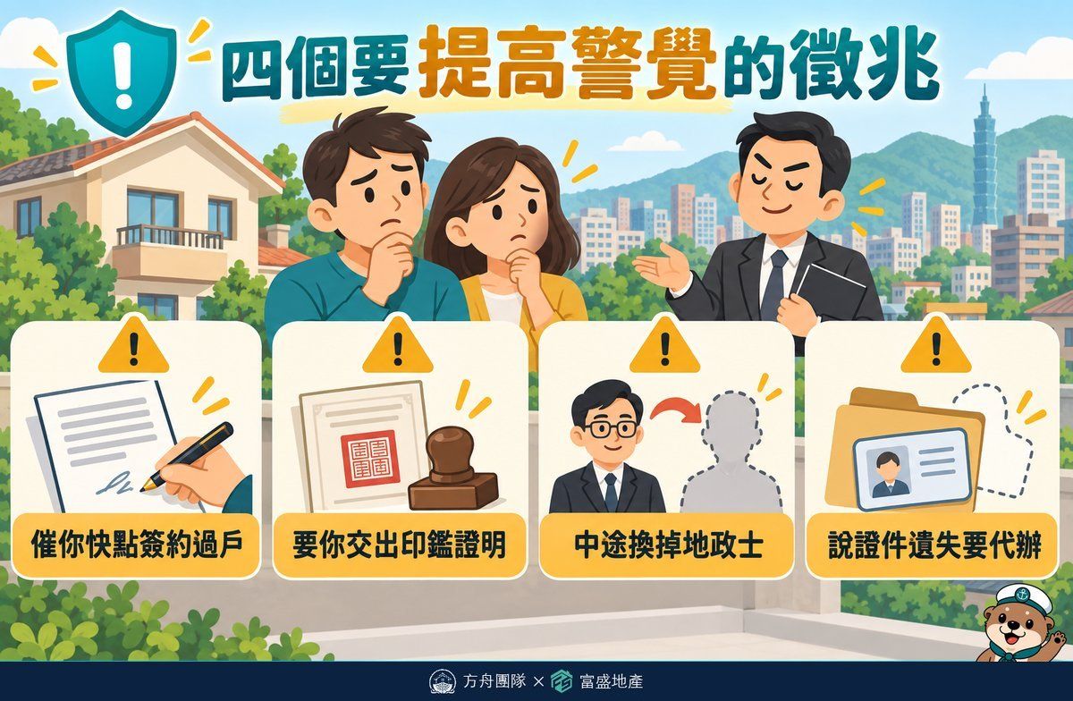 不動產詐騙四個要提高警覺的徵兆：催你快點簽約過戶、要你交出印鑑證明、中途換掉地政士、說證件遺失要代辦