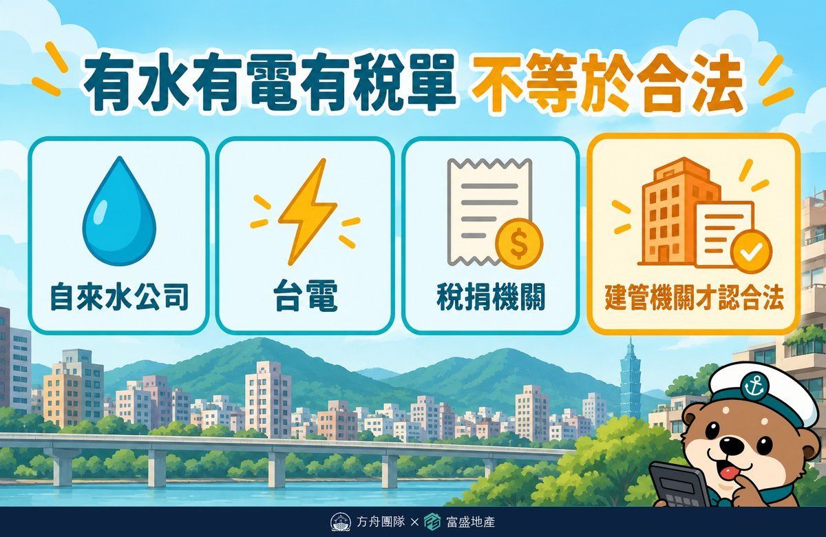 有水有電有稅單不等於合法建物示意圖：自來水公司、台電、稅捐機關三個機關各管各的，只有建管機關才認定合法