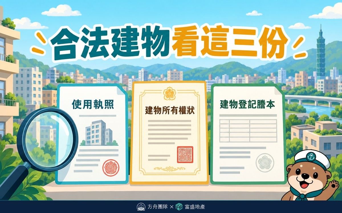 判斷合法建物要看的三份文件：使用執照、建物所有權狀、建物登記謄本