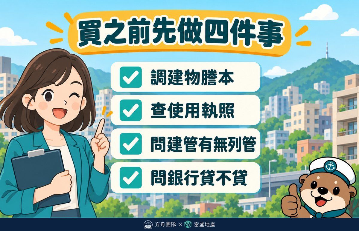 買房前先做的四件事檢查清單：調建物謄本、查使用執照、問建管單位有無列管、問銀行貸不貸