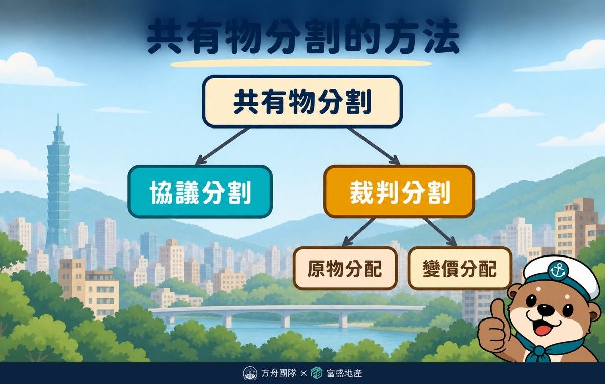 共有物分割方法樹狀圖：共有物分割分為協議分割與裁判分割，裁判分割再分為原物分配與變價分配