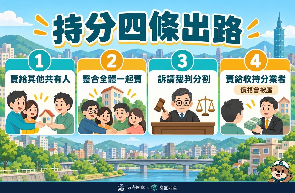 持分四條出路示意圖：賣給其他共有人、整合全體一起賣、訴請裁判分割、賣給收持分業者（價格會被壓）