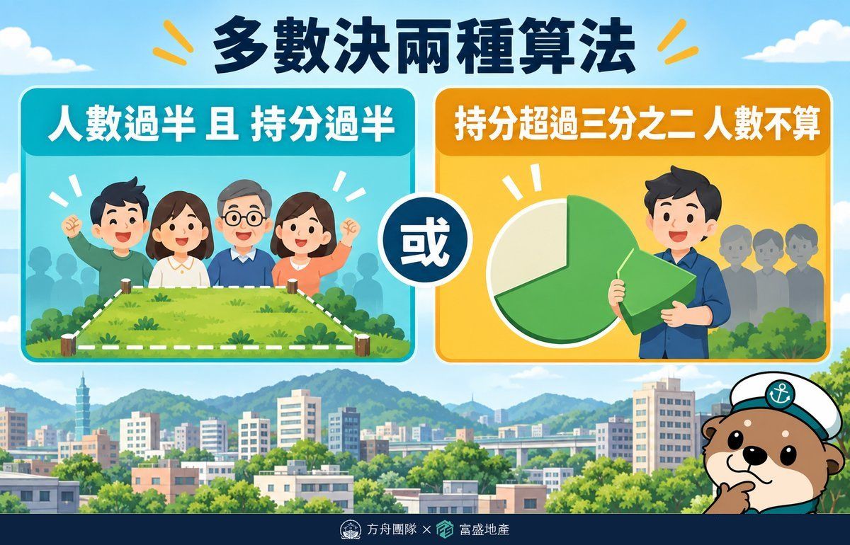 土地法第34條之1多數決兩種算法示意圖：人數過半且持分過半，或持分超過三分之二則人數不計算