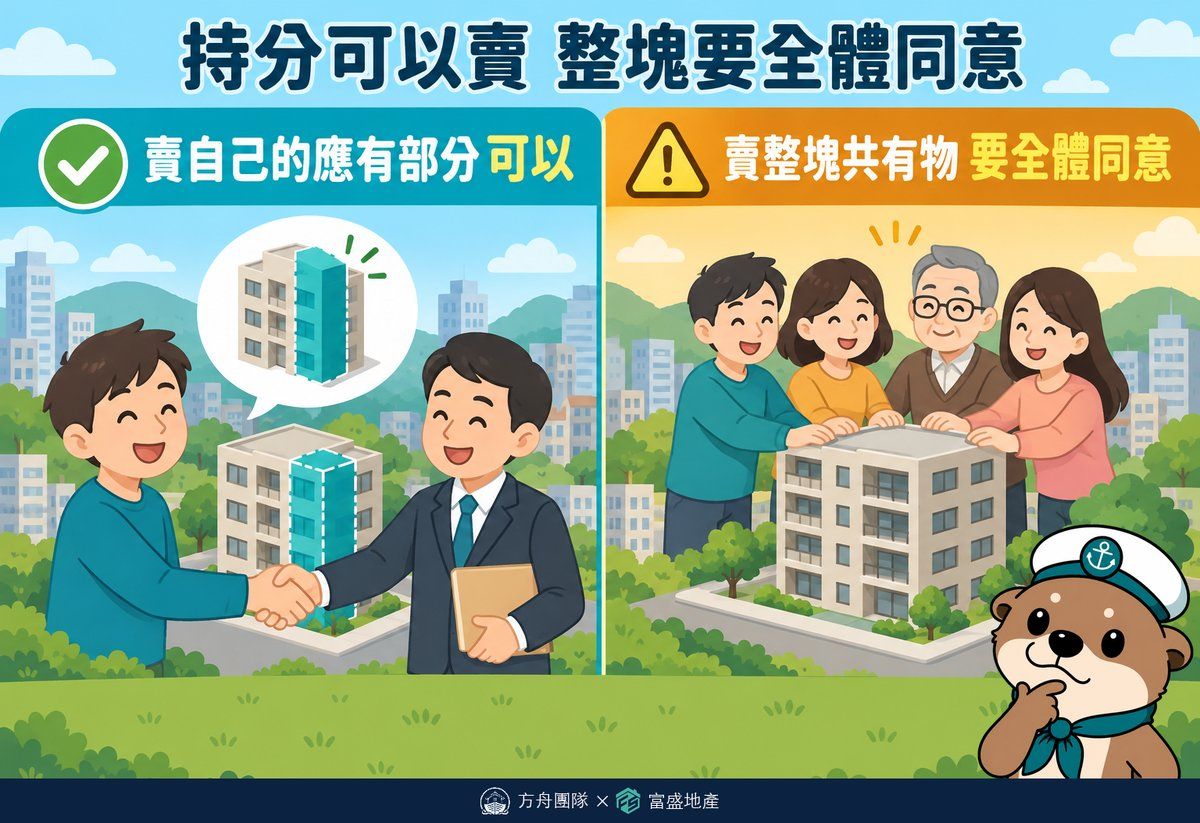 持分可以賣但整塊要全體同意示意圖：賣自己的應有部分可以，賣整塊共有物要全體共有人同意