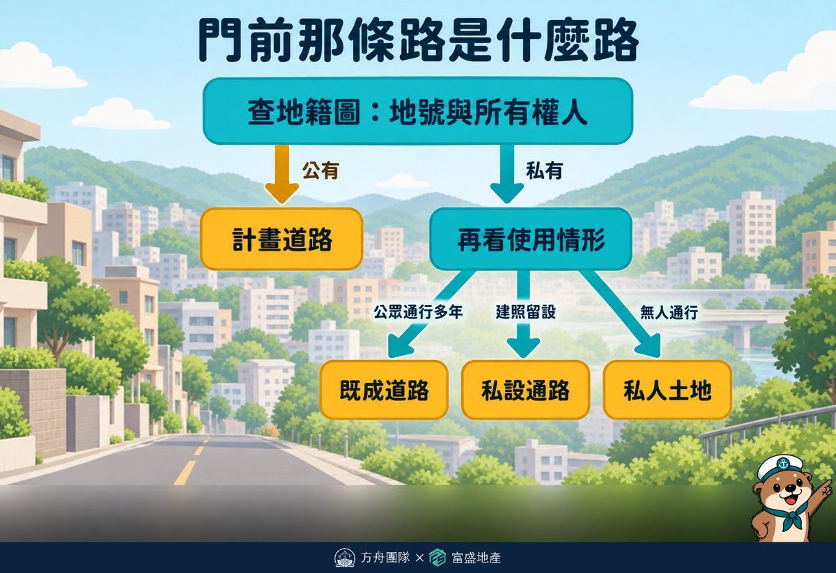 門前那條路是什麼路判斷樹：從查地籍圖的地號與所有權人開始，公有導向計畫道路，私有再看使用情形，分為既成道路、私設通路、私人土地三種結果