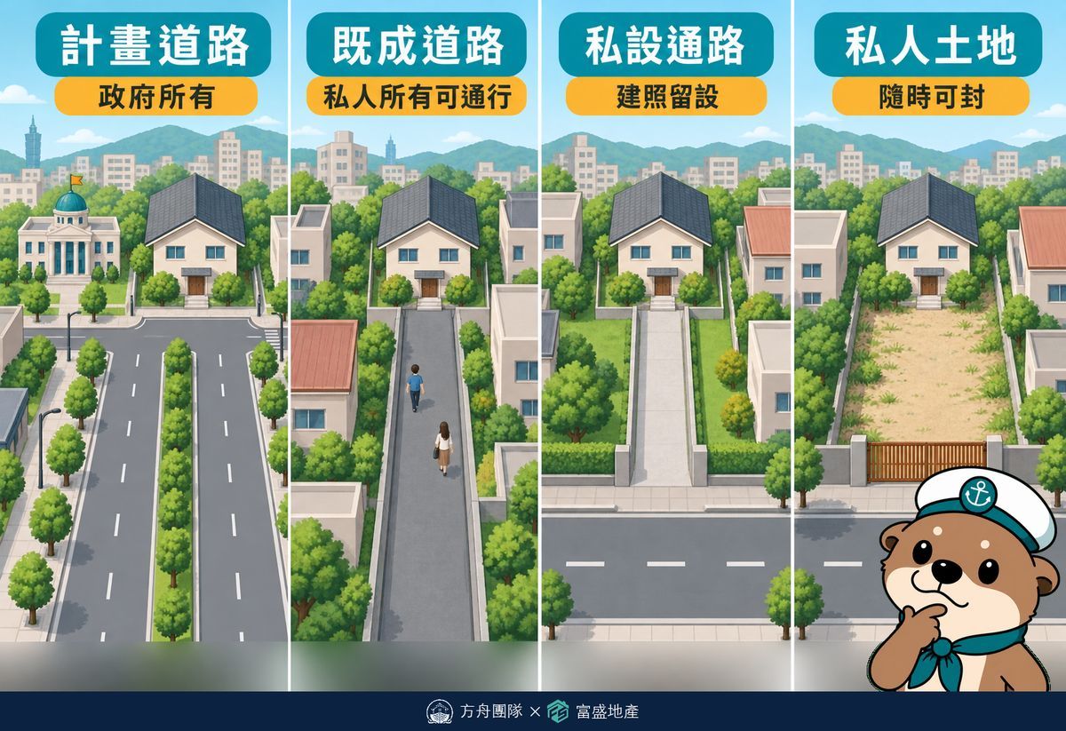 四種路的平面示意圖：計畫道路為政府所有、既成道路私人所有但可通行、私設通路為建照留設、私人土地隨時可封