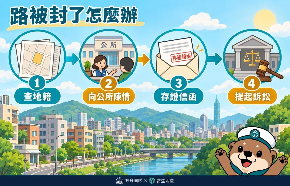 路被封了怎麼辦四步驟：查地籍、向公所陳情、寄存證信函、提起訴訟