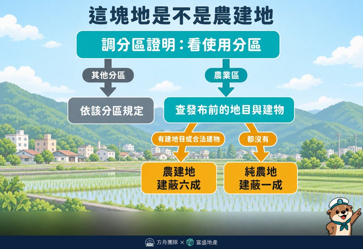 這塊地是不是農建地判斷樹：先調分區證明看使用分區，其他分區依該分區規定，農業區再查都市計畫發布前的地目與建物，有建地目或合法建物者為農建地建蔽六成，都沒有者為純農地建蔽一成