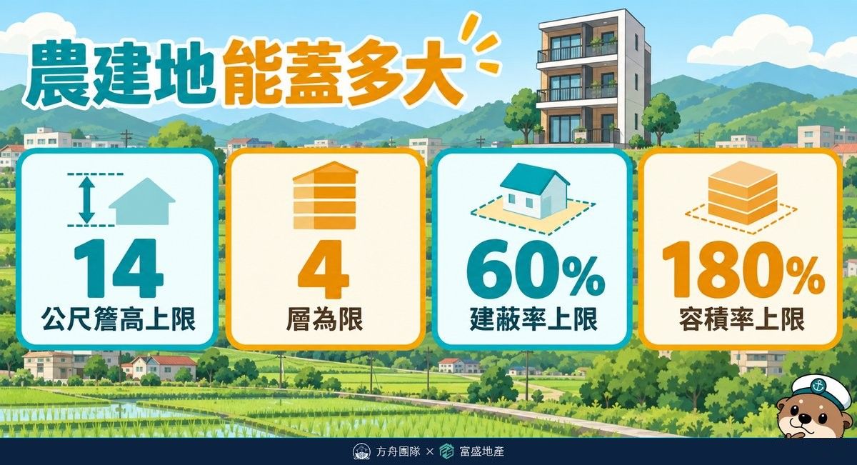 農建地能蓋多大:簷高上限 14 公尺、以四層為限、建蔽率上限 60%、容積率上限 180%