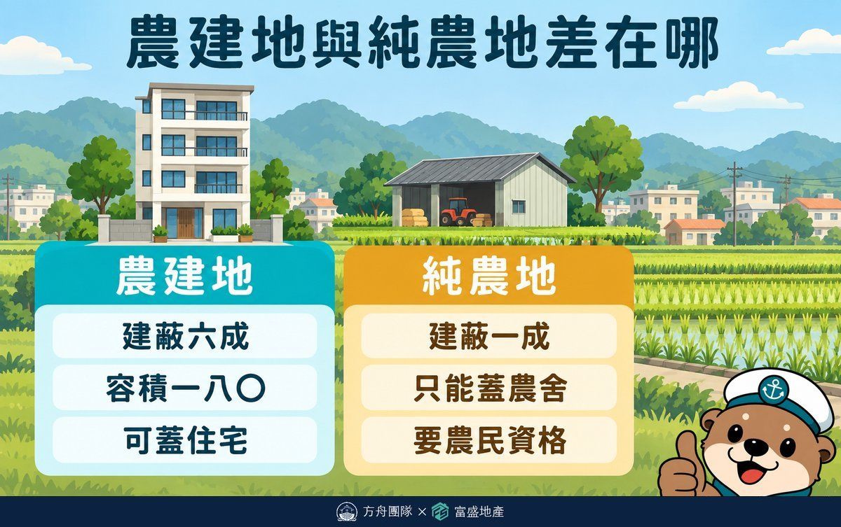 農建地與純農地差在哪：農建地建蔽六成、容積一八〇、可蓋住宅；純農地建蔽一成、只能蓋農舍、要農民資格