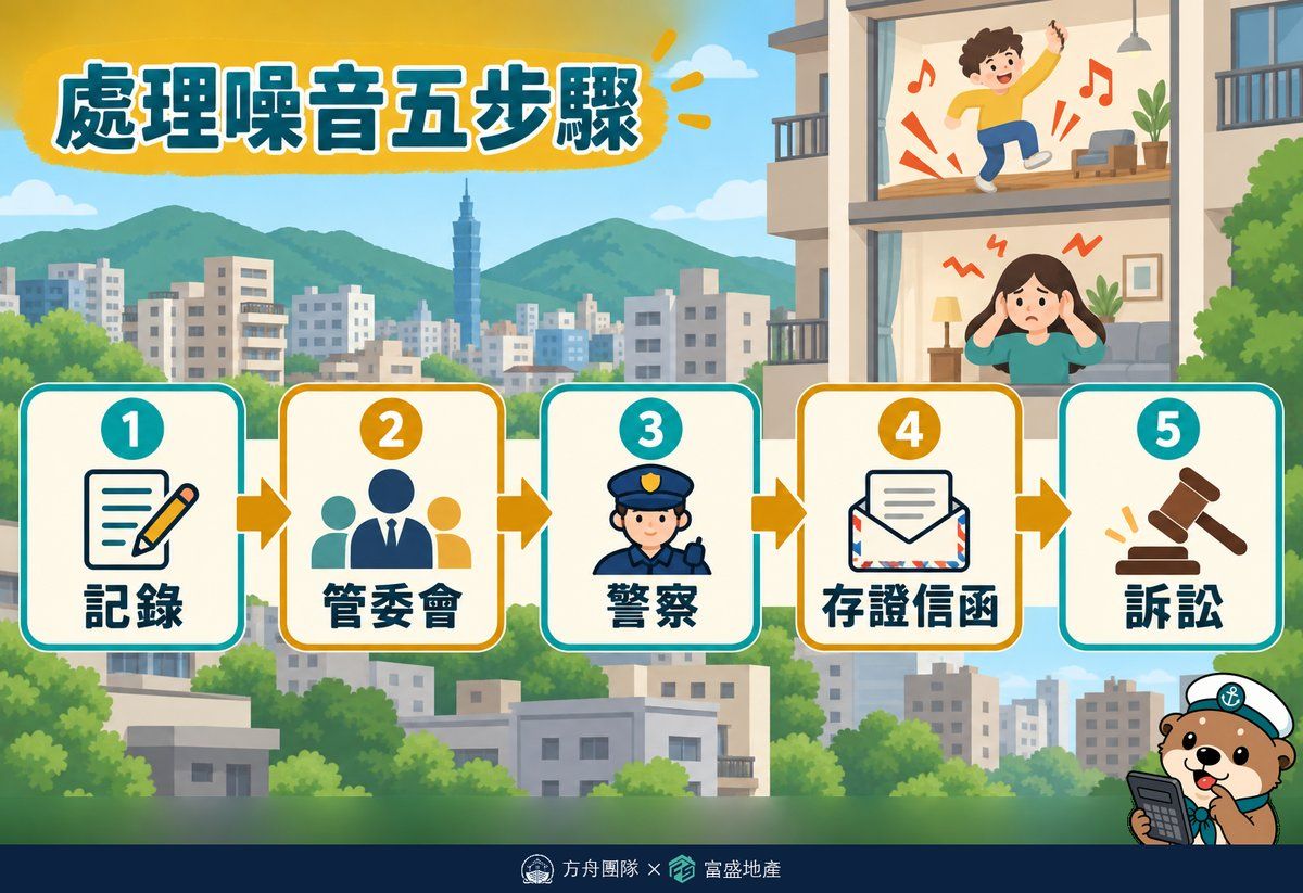 處理樓上噪音五步驟流程圖：記錄、找管委會、報警、寄存證信函、提起訴訟依序進行