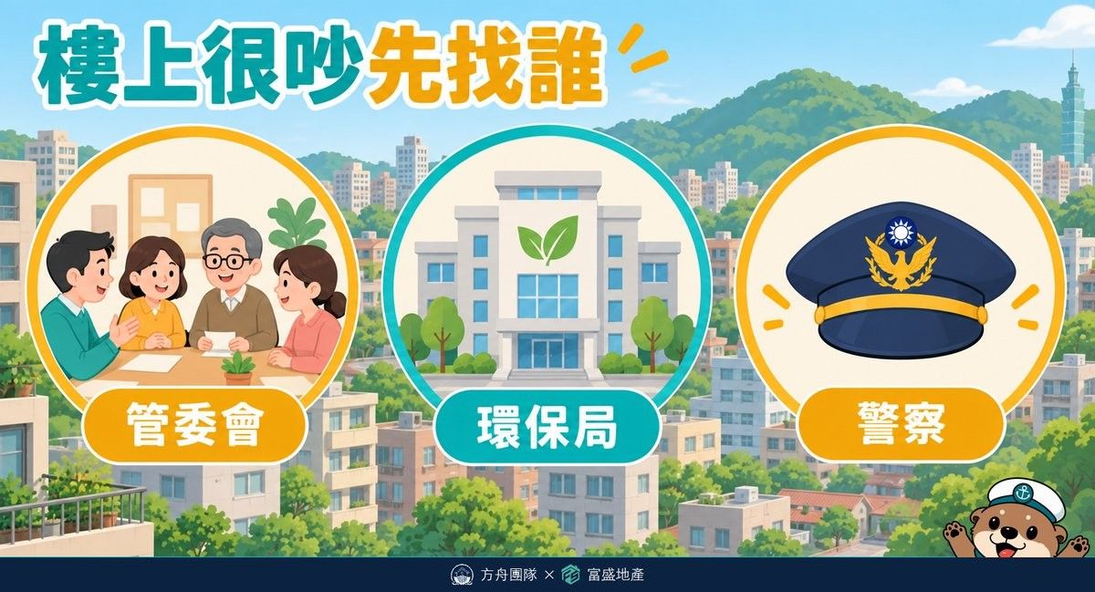 樓上很吵先找誰示意圖：管委會依公寓大廈管理條例、環保局依噪音管制法、警察依社會秩序維護法三條路並列