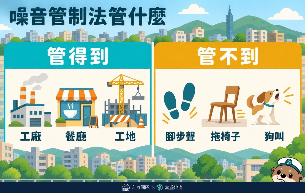 噪音管制法管得到與管不到對照圖：管得到工廠、餐廳、工地；管不到腳步聲、拖椅子、狗叫