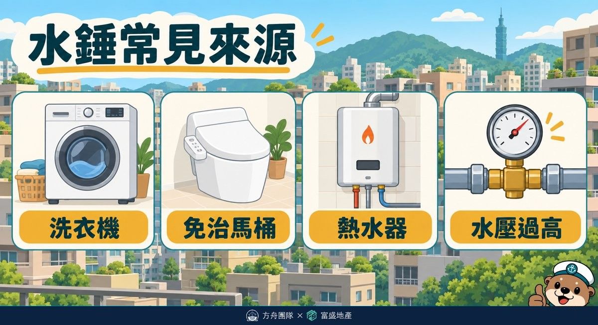水錘常見來源示意圖:洗衣機電磁閥、免治馬桶、熱水器與水壓過高四種觸發源