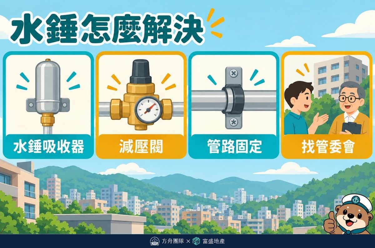 水錘怎麼解決示意圖：加裝水錘吸收器、裝設減壓閥、管路固定包覆、公共管路找管委會