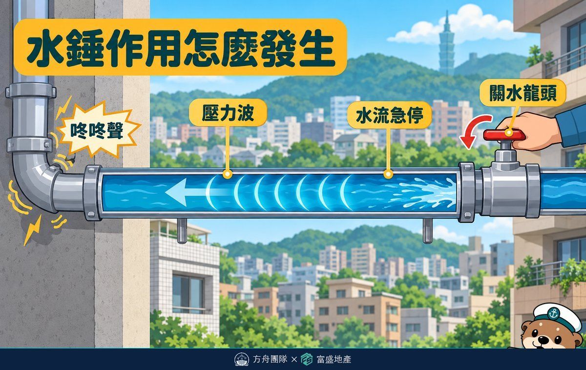 水錘作用原理剖面圖：關水龍頭後水流急停，壓力波沿管路向左傳遞撞擊彎頭產生咚咚聲