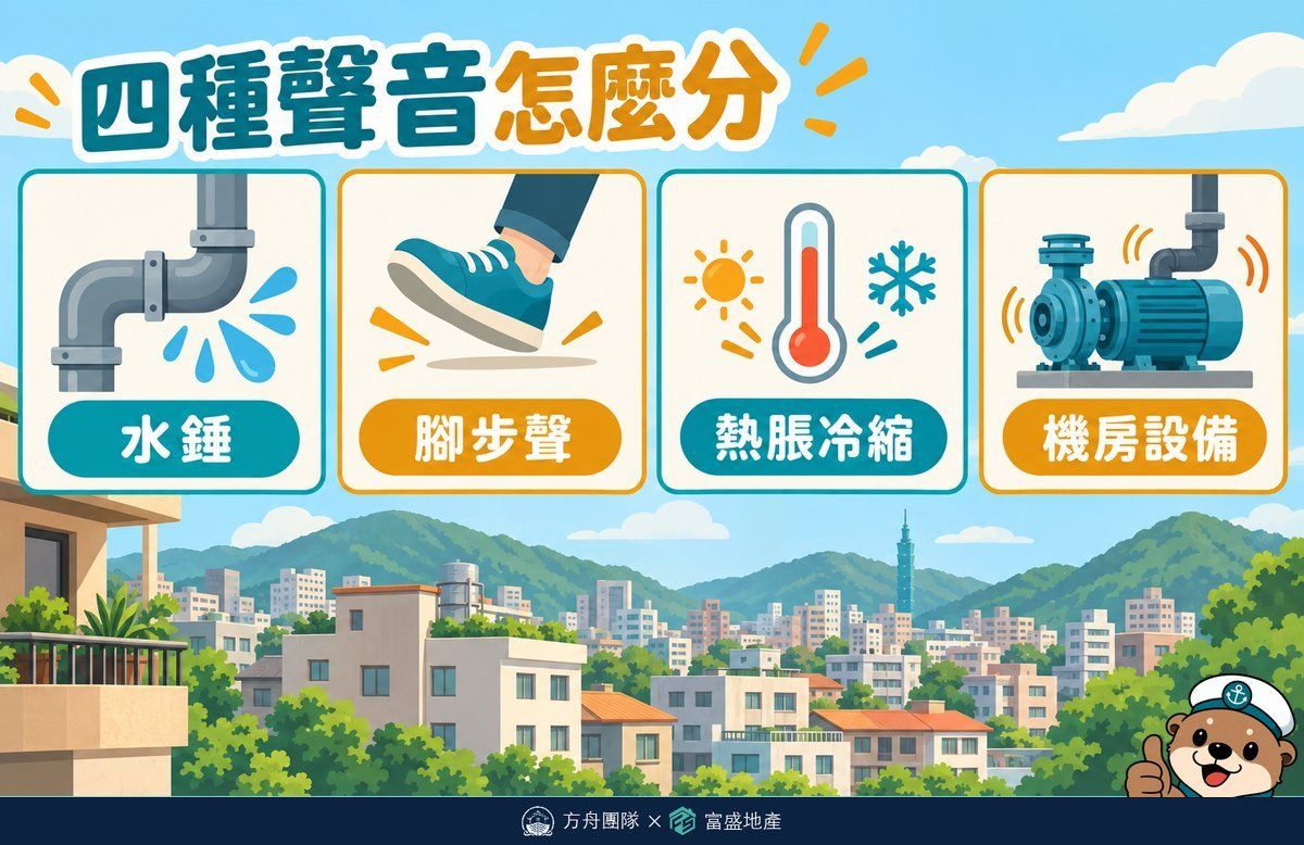 四種聲音怎麼分對照圖：水錘、腳步聲、熱脹冷縮、機房設備各自的判斷特徵