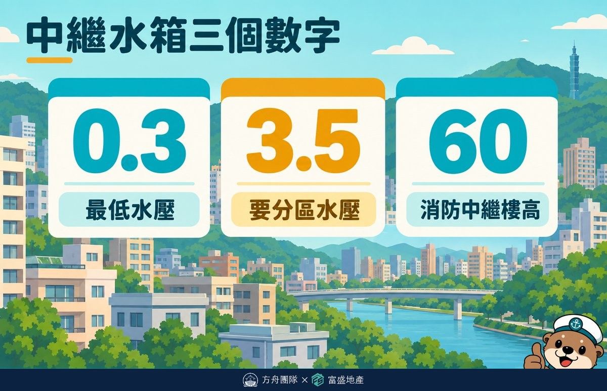 中繼水箱三個數字：供水水壓下限 0.3、要分區的水壓 3.5、消防中繼樓高 60 公尺