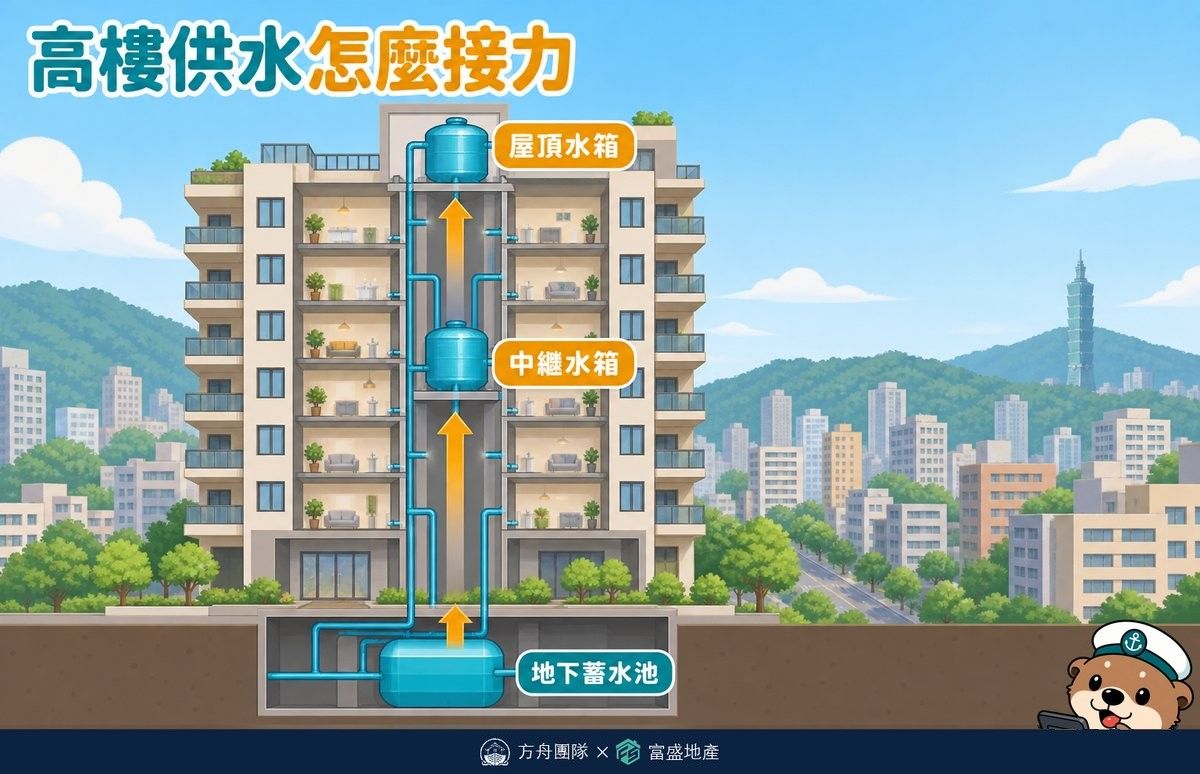 高樓供水接力示意圖：地下蓄水池抽到中繼水箱，再送到屋頂水箱後重力供水