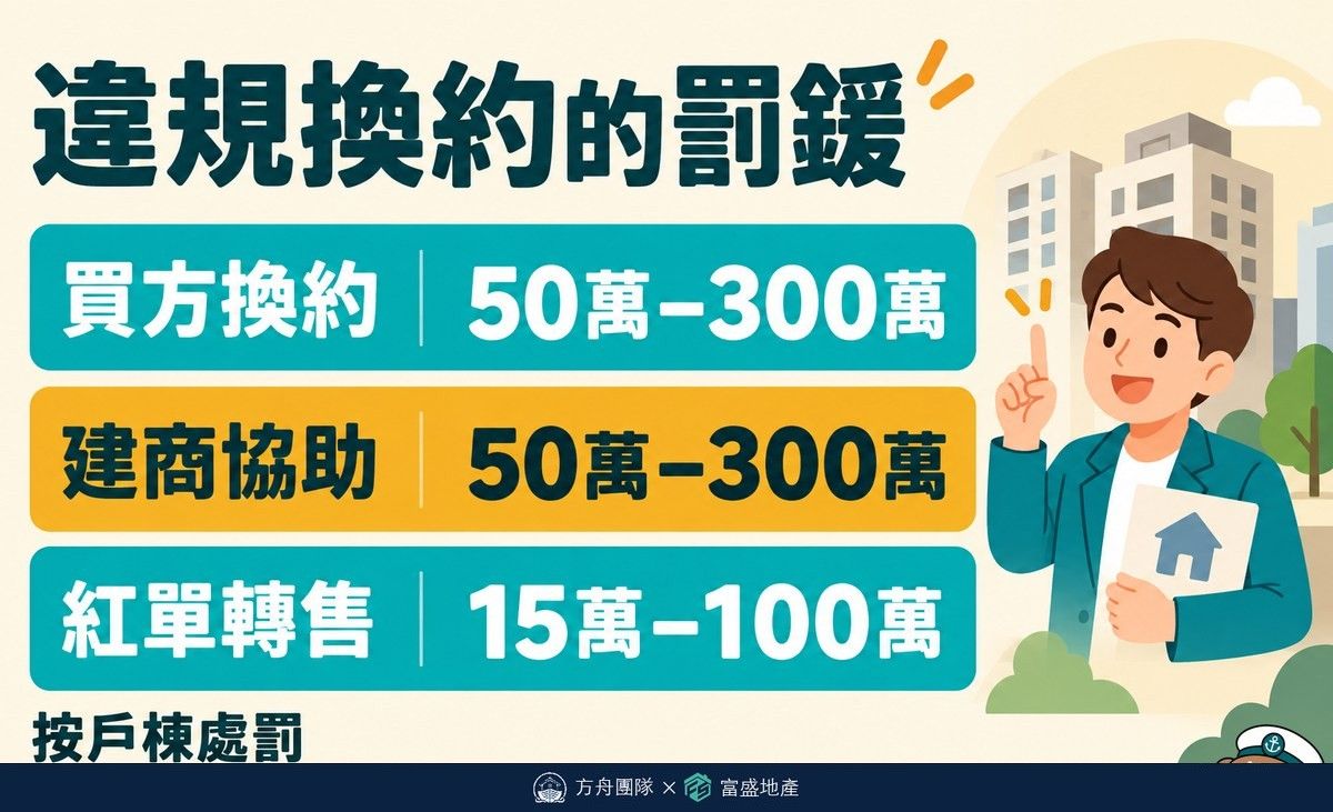 違規換約的罰鍰金額：買方換約 50 萬至 300 萬、建商協助 50 萬至 300 萬、紅單轉售 15 萬至 100 萬，均按戶（棟）處罰