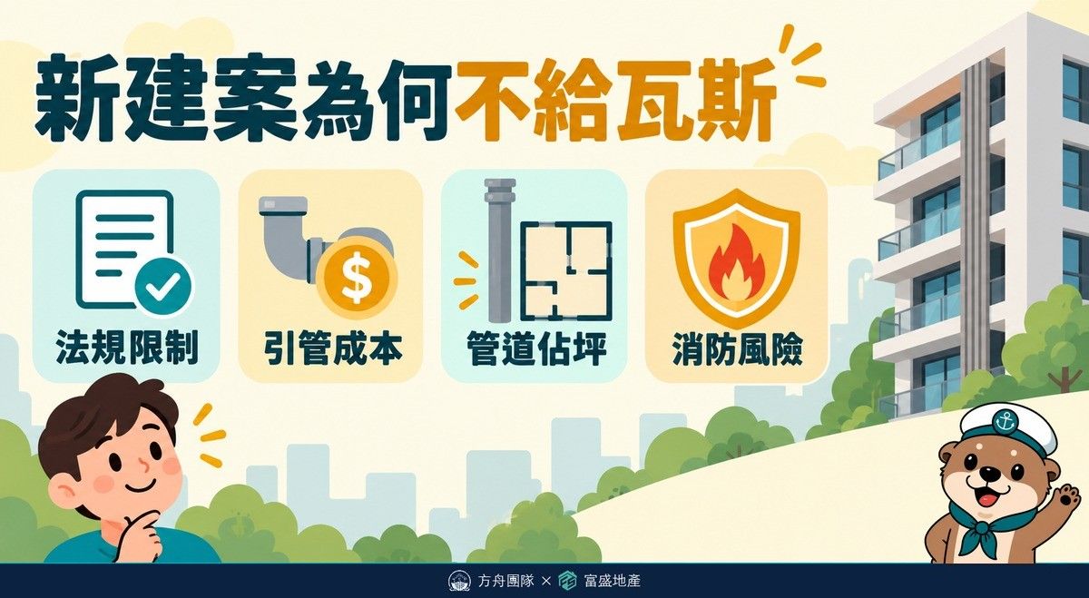新建案為何不給瓦斯的四個原因分類圖：法規限制、引管成本、管道佔坪、消防風險
