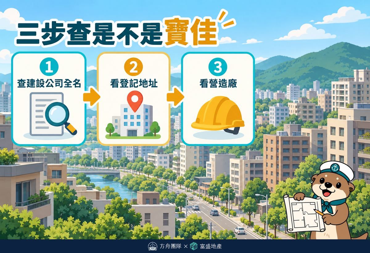 三步查建案是不是寶佳：一查建設公司全名、二看公司登記地址、三看營造廠