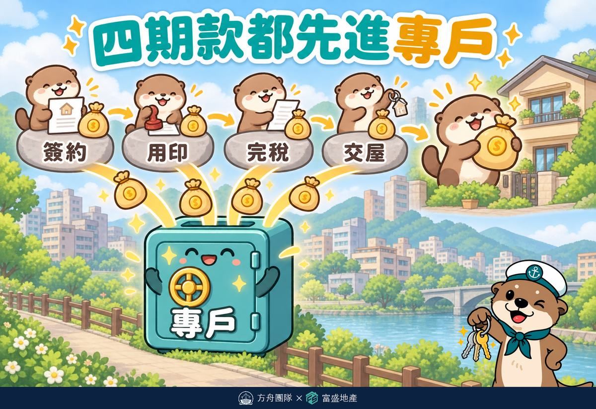 賣房四期款流程：簽約、用印、完稅、交屋四期價金都先進履約保證專戶，交屋後才撥給賣方