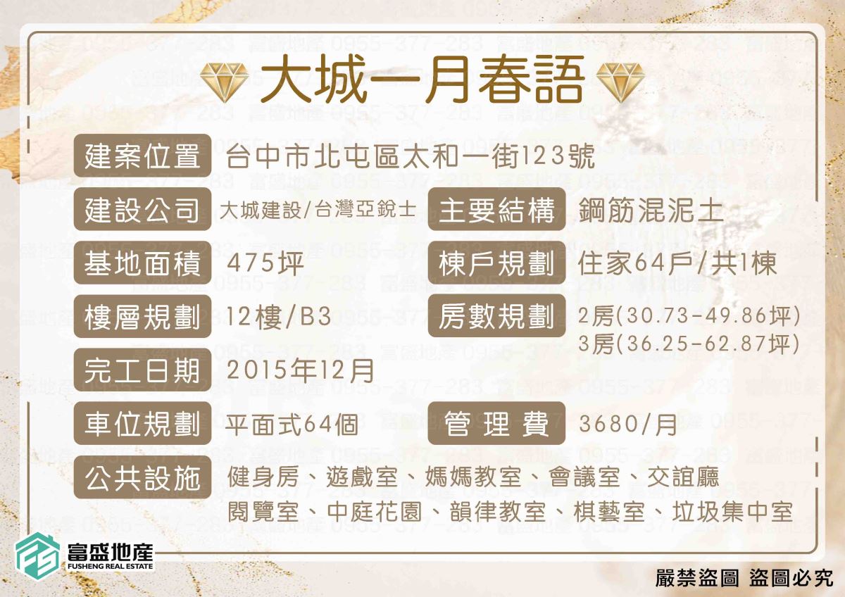 大城一月春語 建案基本資料圖卡 台中市北屯區太和一街123號 大城建設 台灣亞銳士 64戶 全平面式64席車位