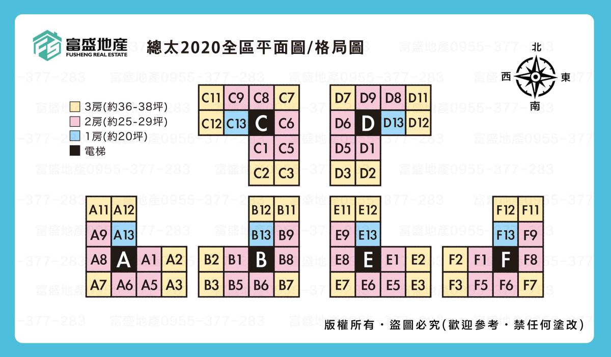 總太2020 A–F六棟色塊格局圖 3房36–38坪 2房25–29坪 1房約20坪