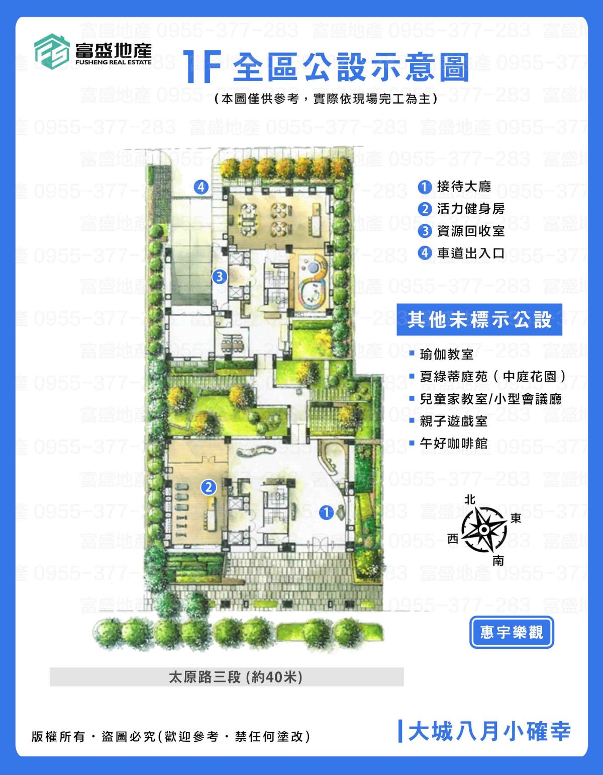 大城八月小確幸 1F全區公設示意圖 接待大廳活力健身房資源回收室｜北屯建案