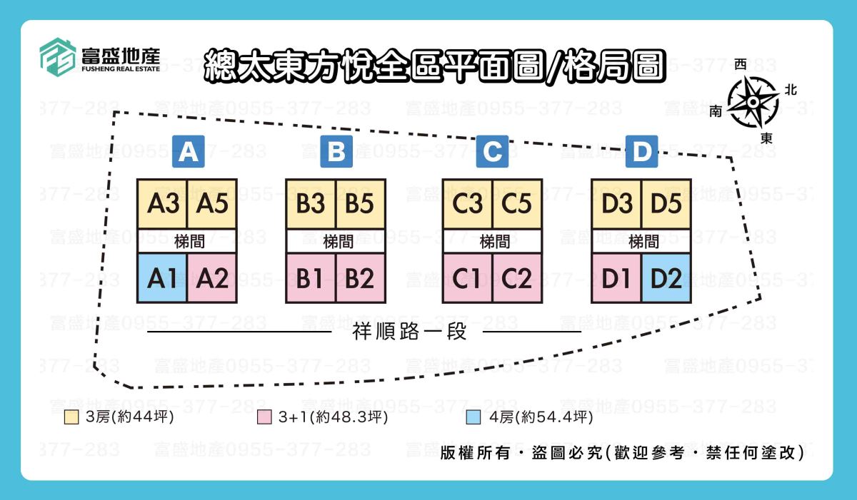 總太東方悅 全區平面配置圖 A B C D四棟位置與棟距 標示各棟梯間與中庭