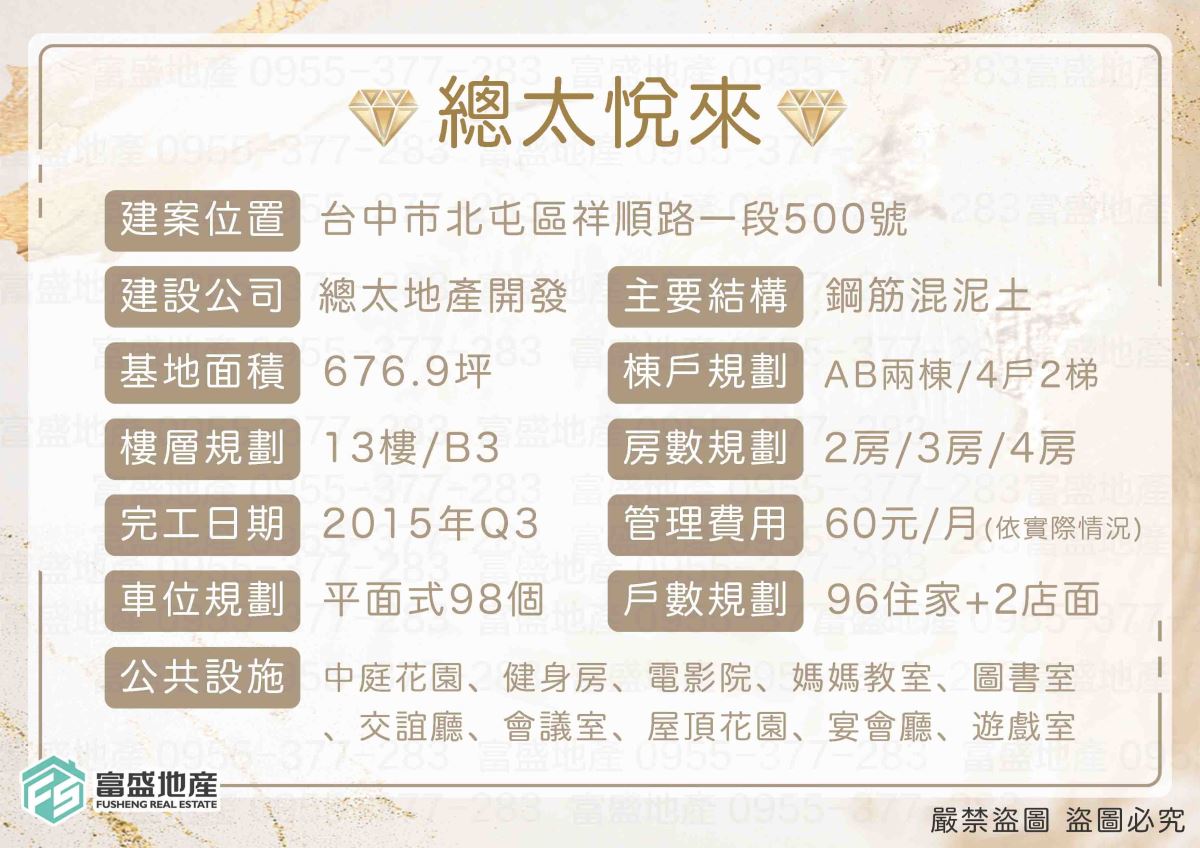 總太悅來 建案基本資料卡 祥順路一段500號 676.9坪 13F/B3 2015完工