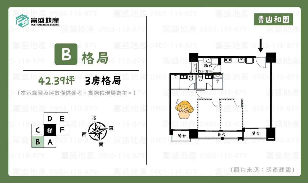 青山和園 B 戶格局圖（三房產品）