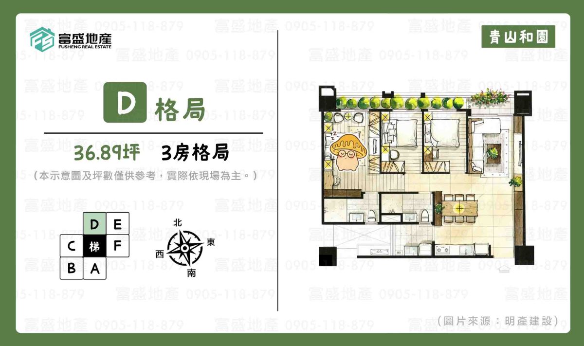青山和園 D 戶格局圖（三房產品）