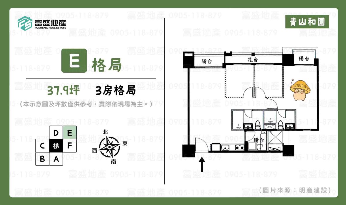 青山和園 E 戶格局圖（三房產品）