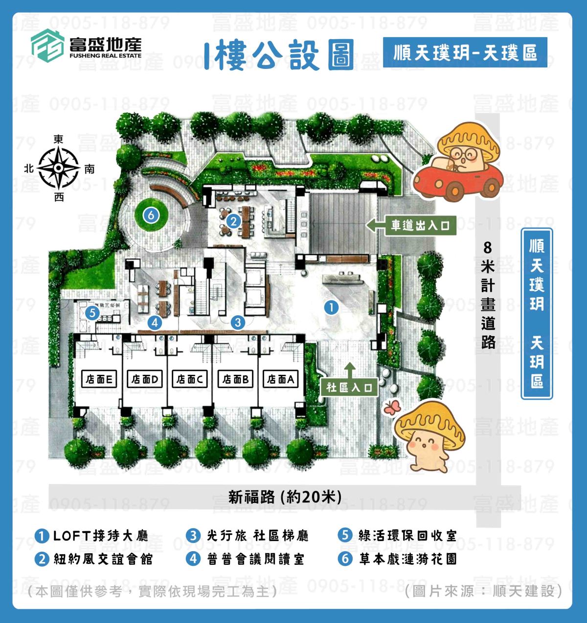 順天璞玥-天璞區 1F公設配置圖（含店面A–E）