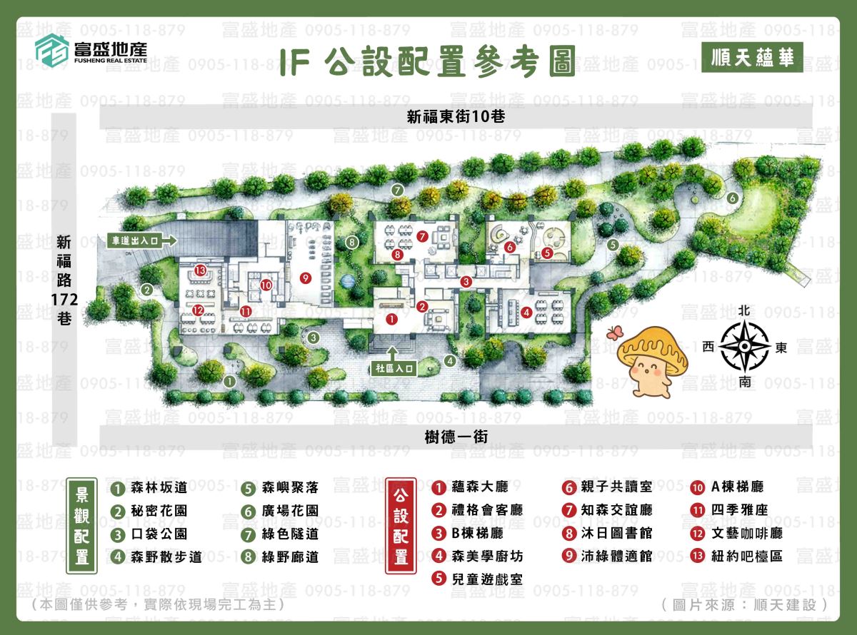 順天蘊華 1F公設配置參考圖｜社區花園 咖啡會館 交誼圖書館