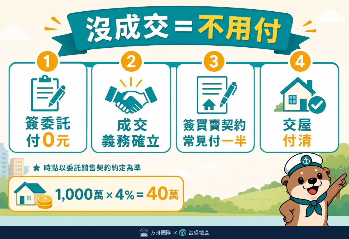 賣房仲介費付款時間軸：簽委託0元、成交後義務確立、簽約付一半、交屋付清，1000萬成交4%約40萬元