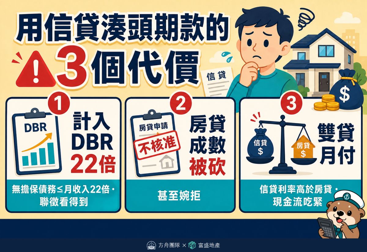 信貸湊頭期款3大風險：計入DBR22倍負債比、房貸成數被砍甚至婉拒、信貸加房貸雙月付現金流吃緊