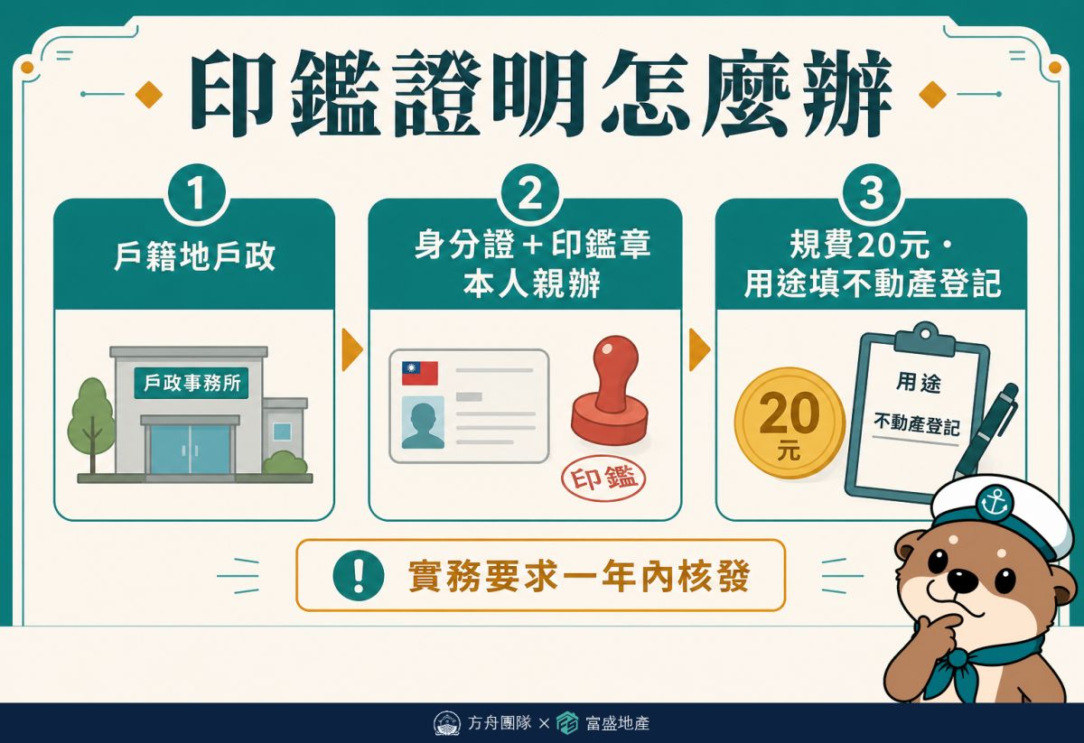 印鑑證明辦理步驟：戶籍地戶政、本人親辦、帶身分證與印鑑章、用途填不動產登記、規費每份20元、一年內核發