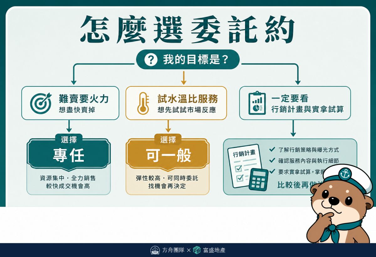 專任約或一般約決策：難賣集中火力走專任，試水溫可先一般但統一開價防亂價