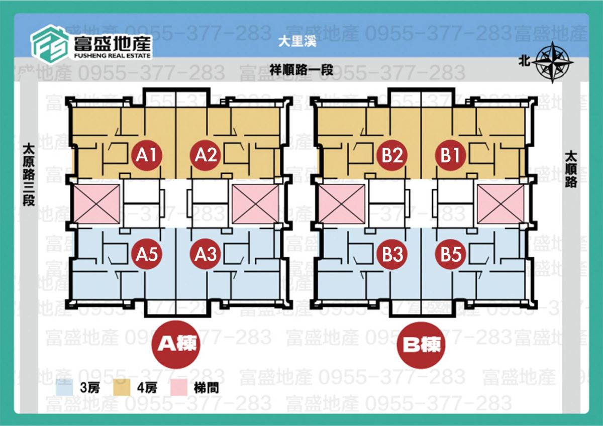 總太悅來 A／B兩棟標準層全區平面圖 色標3房4房 標示祥順路太原路方位