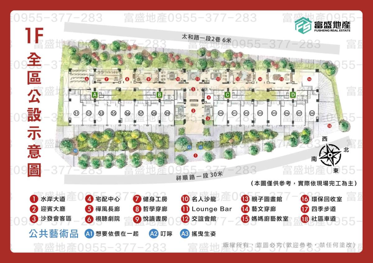 總太東方悅 1F全區公設配置圖 標示水岸大道 四季步道 健身工房與交誼會館等公共設施位置