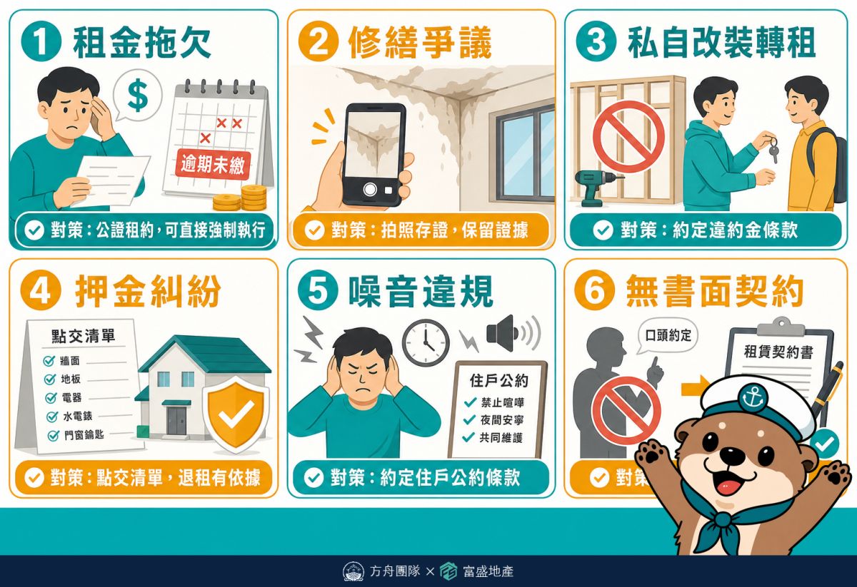 房東6大常見租屋糾紛防範對策：租金拖欠、修繕爭議、私自改裝轉租、押金糾紛、噪音違規、無書面契約